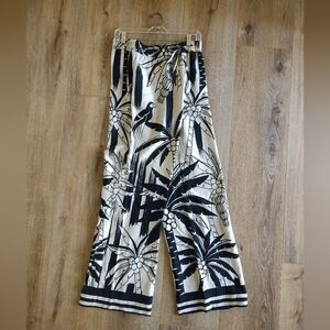 Rachel Zoe Palm Tree Linen Blend Wide Leg Drawstring Pants Black Tan Size M NWT